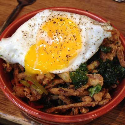 Pig's Ear with Crispy Kale, Pickled Cherry Peppers & Fried Egg